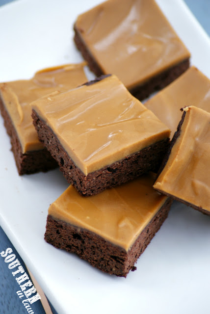 Lightened Up Salted Caramel Topped Brownie Recipe - healthy, lightened up, healthier, gluten free, salted caramel frosting, low fat, lower sugar, low calorie, healthier birthday cake recipes