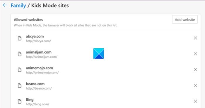 ลบ Sites Kids Mode ใน Edge Browser