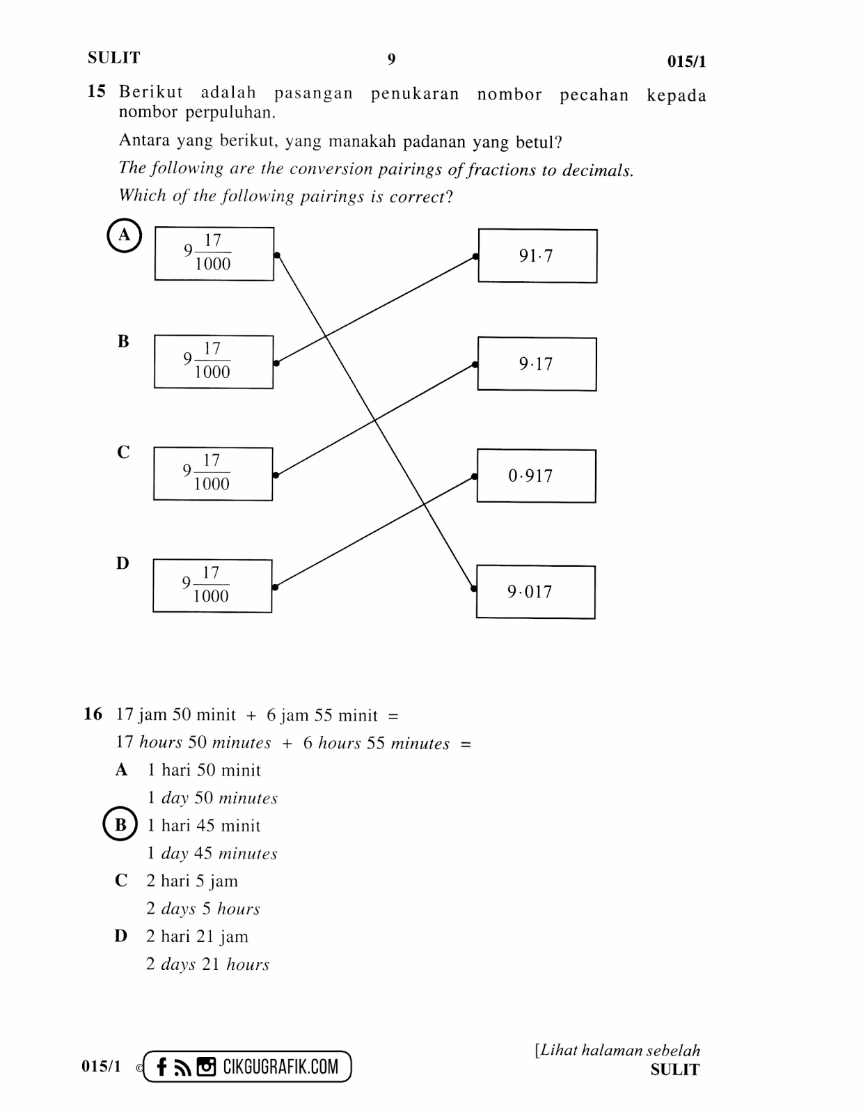 Contoh Kertas Soalan Matematik Tahun 1