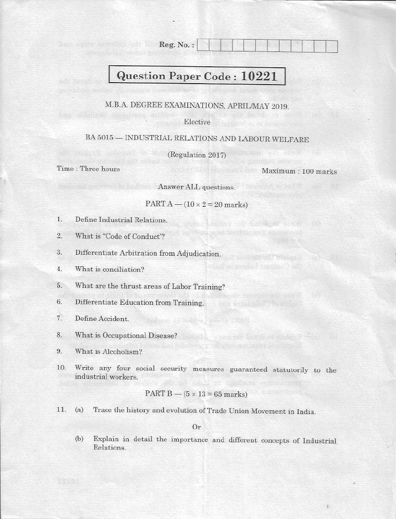Anna University BA 5015INDUSTRIAL RELATIONS AND LABOUR WELFARE APRIL