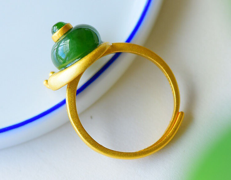 蝸牛碧玉可調式 鎏金 925純銀戒指