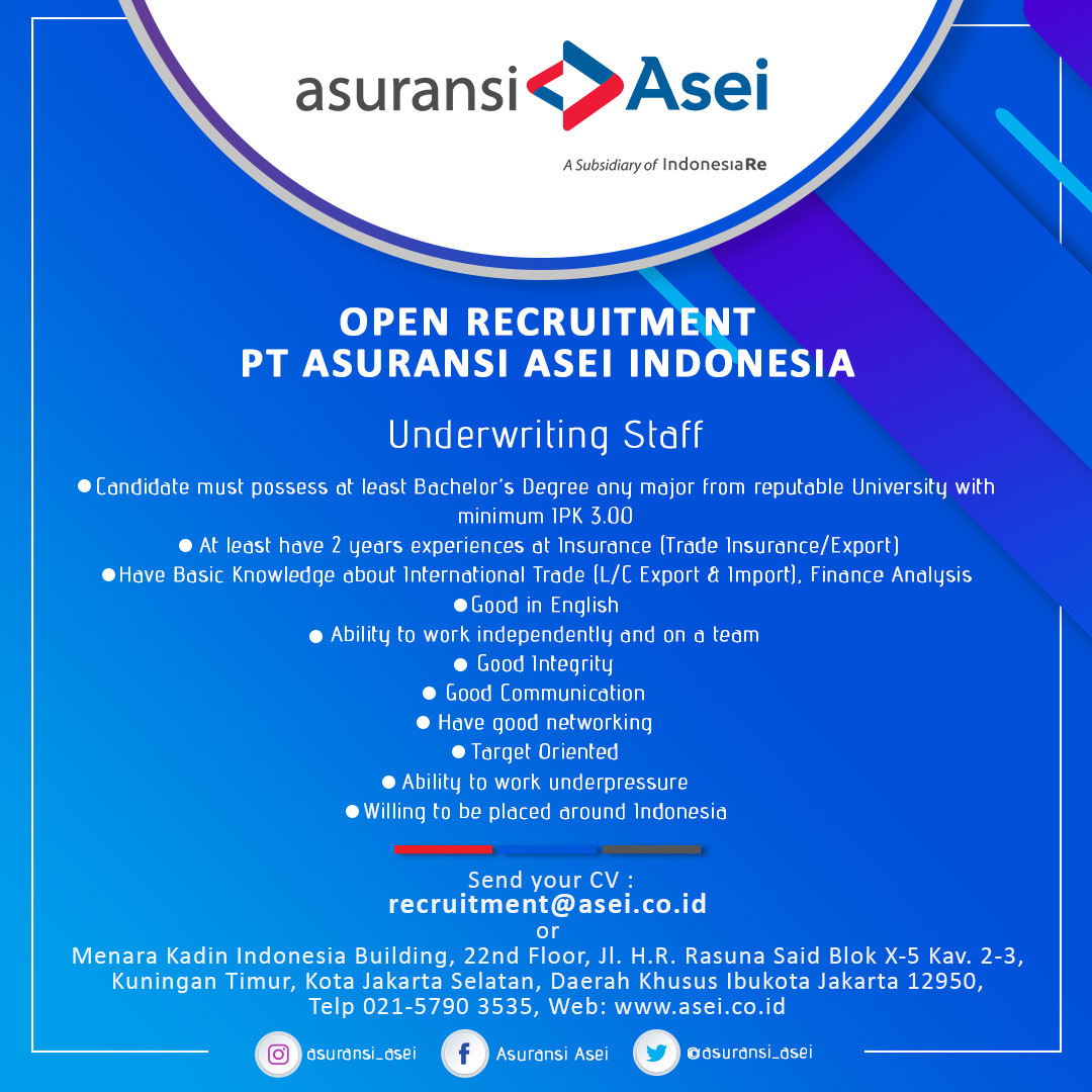 Lowongan Kerja PT Asuransi Asei Indonesia Bulan Agustus 2019