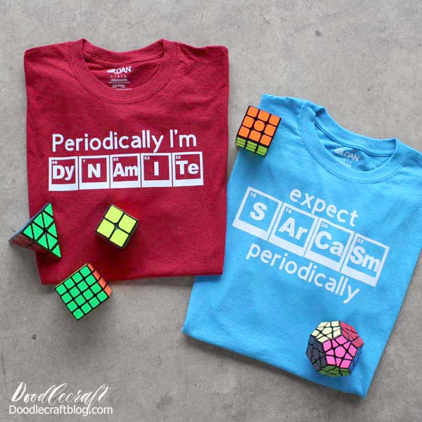 Periodic Table Funny Science T-Shirts with Cricut Maker!  Making funny shirts is one of my favorite hobbies and it's perfect for back to school time.   These two shirts are perfect for a science nerd, and are easy to make.    Periodically I'm DyNAmITe...and Expect SArCaSm periodically.    Use the Periodic Table of Elements to spell out words!    Whip out these 2 shirts in a matter of minutes with Cricut Maker and Cricut Design Space.