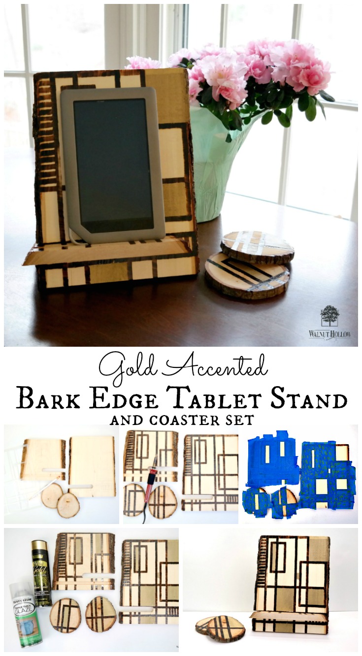 Bark Edge Tablet Stand with Gold Accents Walnut Hollow