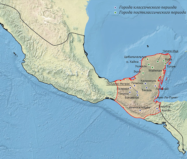 Карта земель майя по отношению к территории Мезоамерики. wikimedia-org