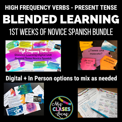 How to Start Spanish 1 online with distance learning - high frequency verb unit blended learning BUNDLE - shared by Mis Clases Locas