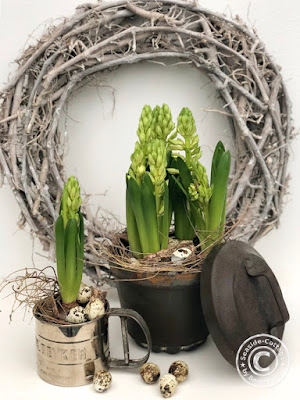 Blumendeko Frühlingsblumen in alten Küchenutensilien https://seaside-cottage-blog.blogspot.de/2018/01/erste-fruhlingsboten-in-alten.html