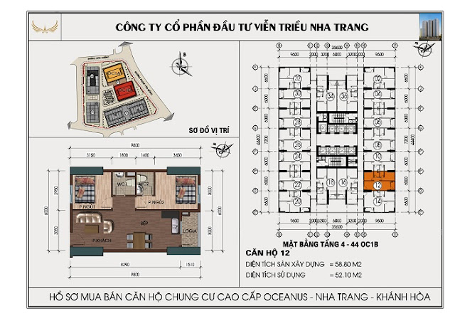 Mặt bằng Căn 12 Chung Cư OC1B Mường Thanh Viễn Triều Nha Trang