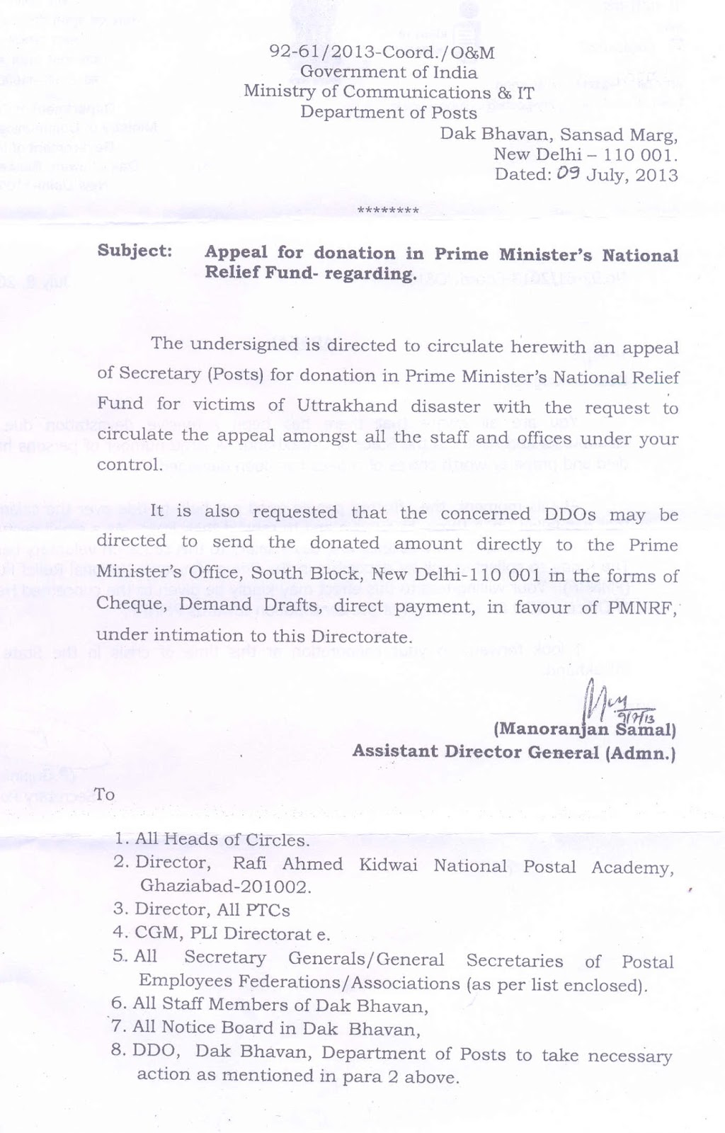 RURAL POSTAL EMPLOYEES APPEAL FOR DONATION IN PRIME MINISTER NATIONAL