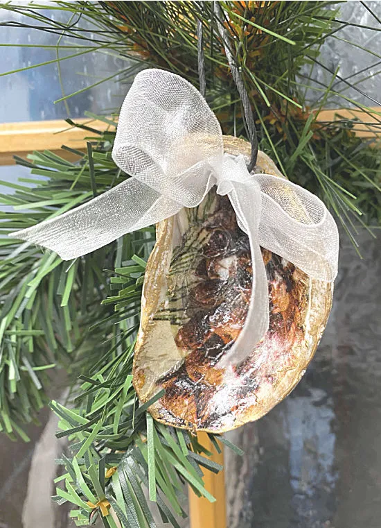 oyster shell ornament with pinecone