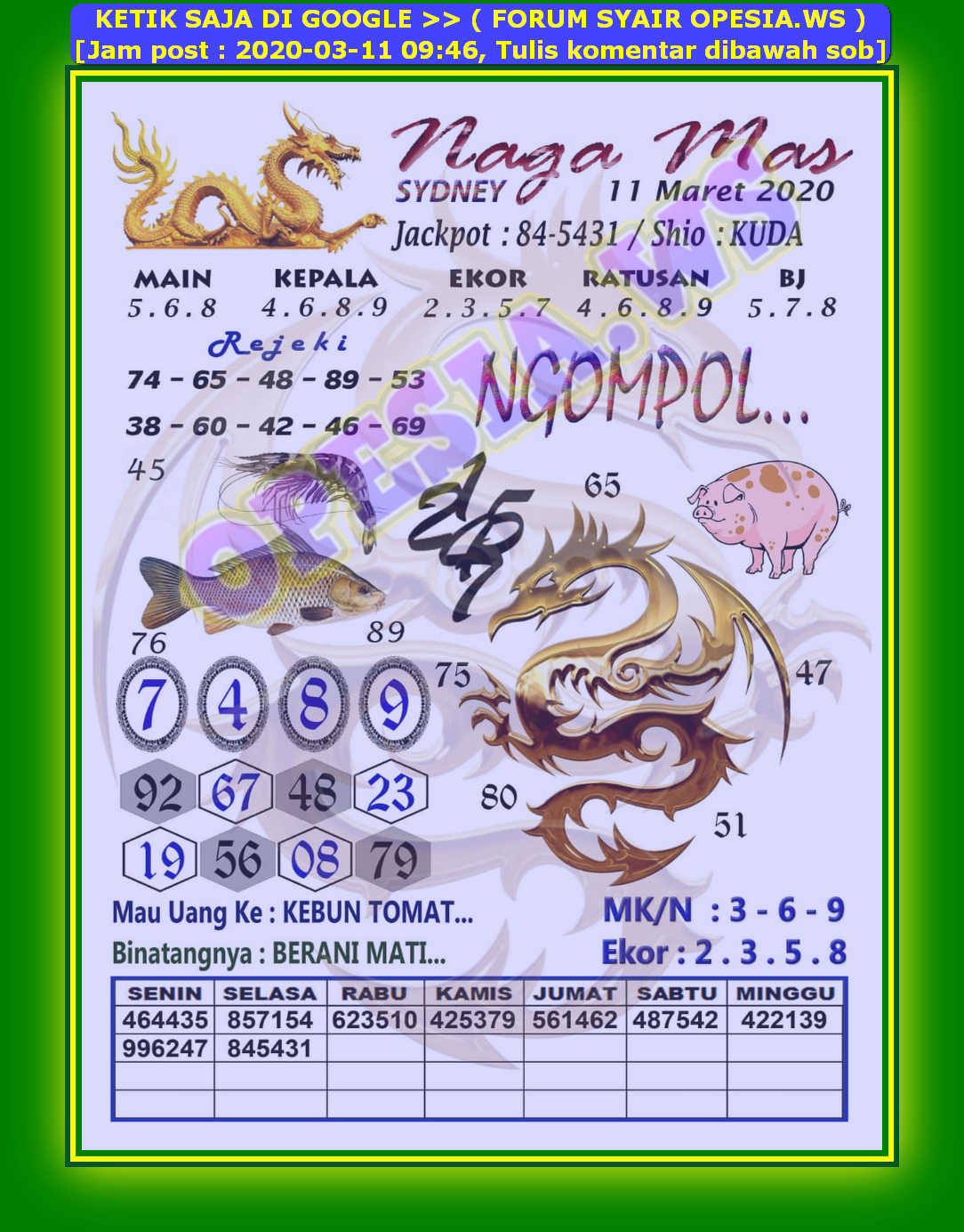 Kode Syair Sydney 11 Maret 2020 Forum Syair Togel Hongkong Singapura Sydney