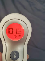 Digital thermometer showing Alynda's temperature of 101.8