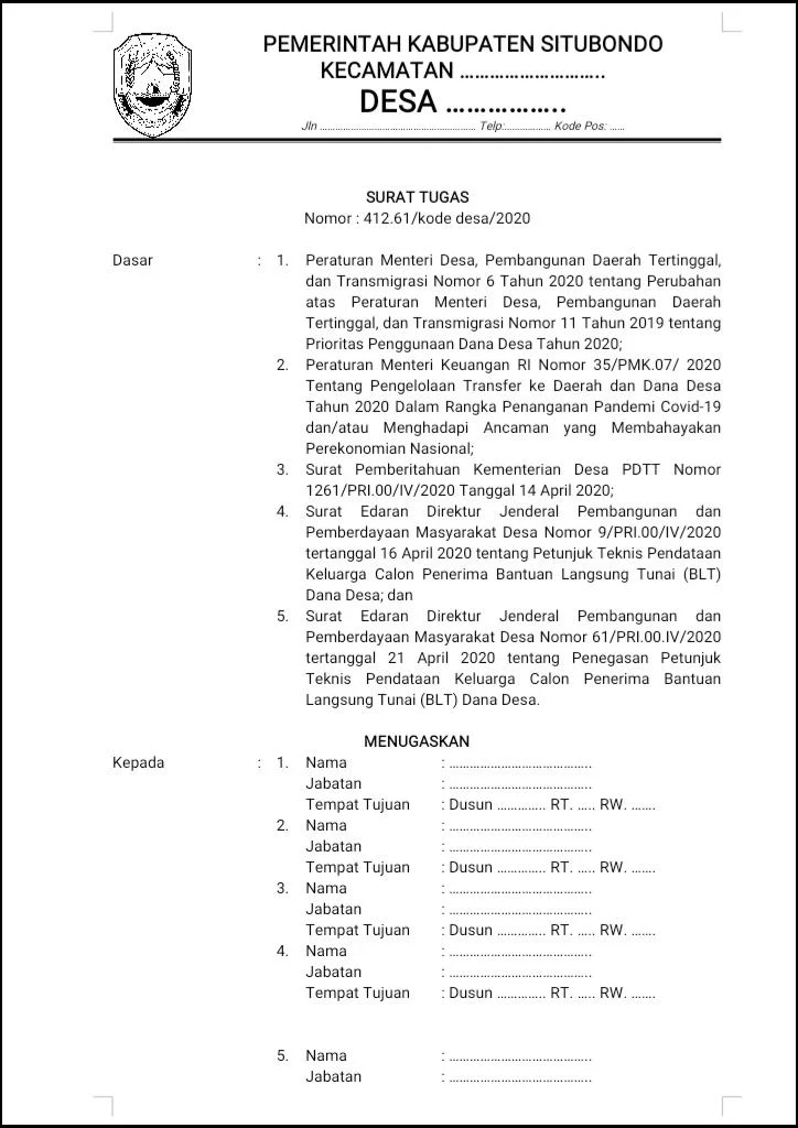 Format surat tugas pendata BLT-Dana Desa