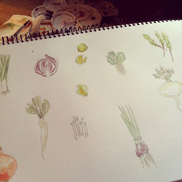 watercolor collage painting of macrobiotic vegetables, daikon, cabbage.