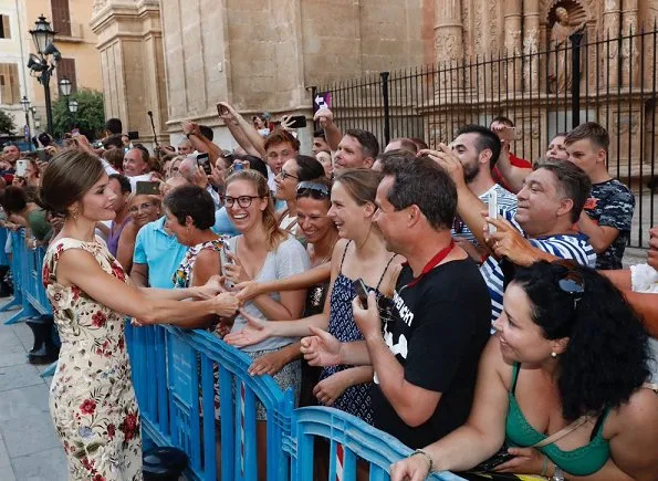 King Felipe and Queen Sofia at Almudaina Palace. Queen Letizia wore a malina print dress and Magrit shoes