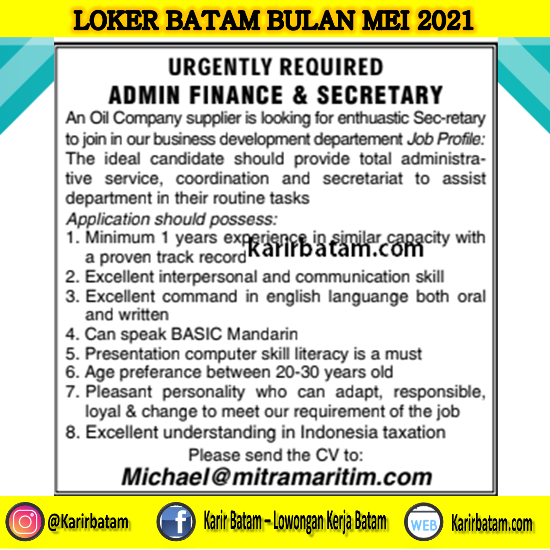 Lowongan Kerja Admin Finance and Secretary - Lowongan Kerja Batam 2022