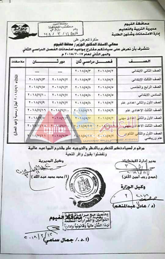 جداول إمتحانات آخر العام الترم الثانى محافظة الفيوم جداول إمتحانات آخر العام الترم الثانى محافظة الفيوم
