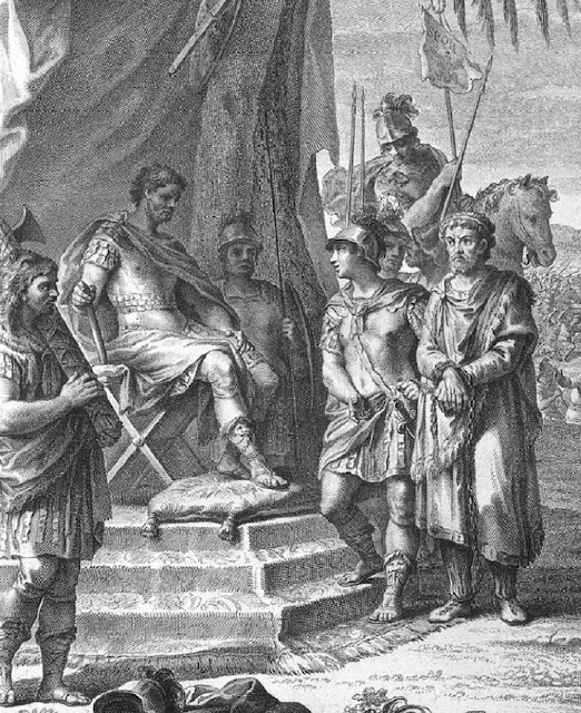 Пленение Югурты: нумидийский царь в цепях перед Суллой.  Гравюра XVIII века