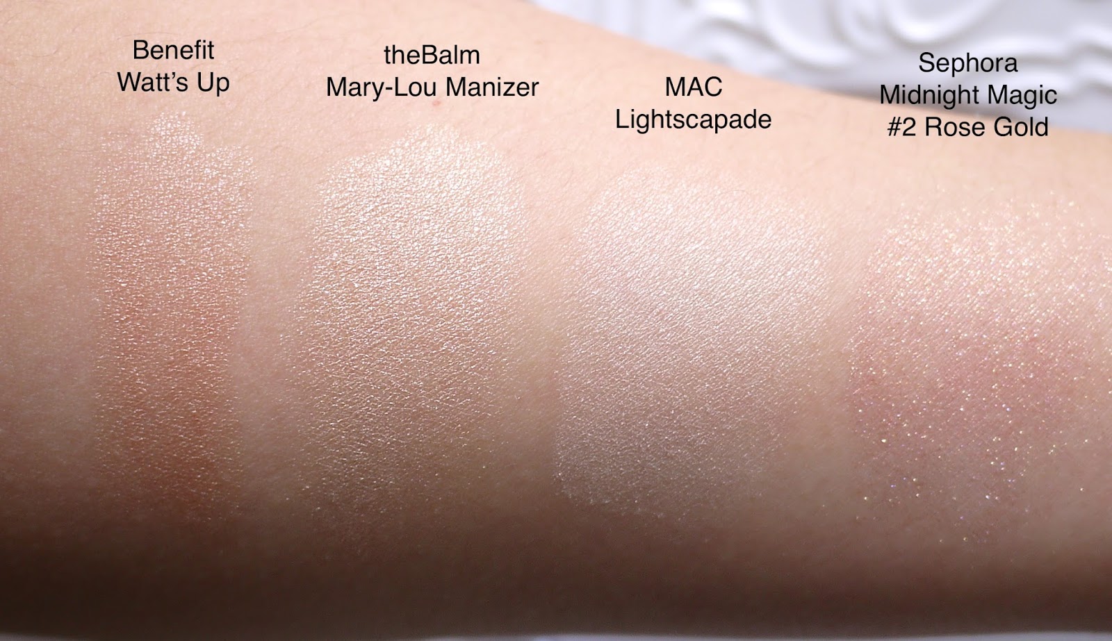 benefit watt's up, thebalm mary-lou manizer, mac lightscapade sephora midnight magic face and body glitter #2 rose gold review and swatch