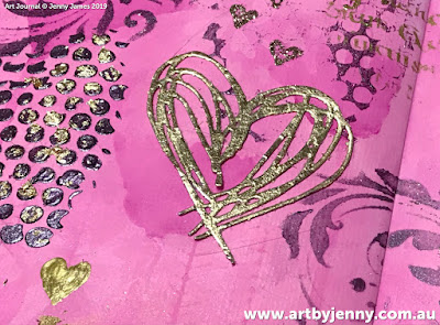 closeup photo of art journal page by Jenny James - golden hearts with pink and purple
