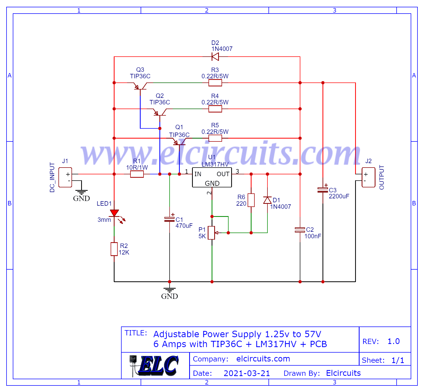 Adjustable Power Supply 1.25v to 57V, 6 Amps using TIP36C + LM317HV