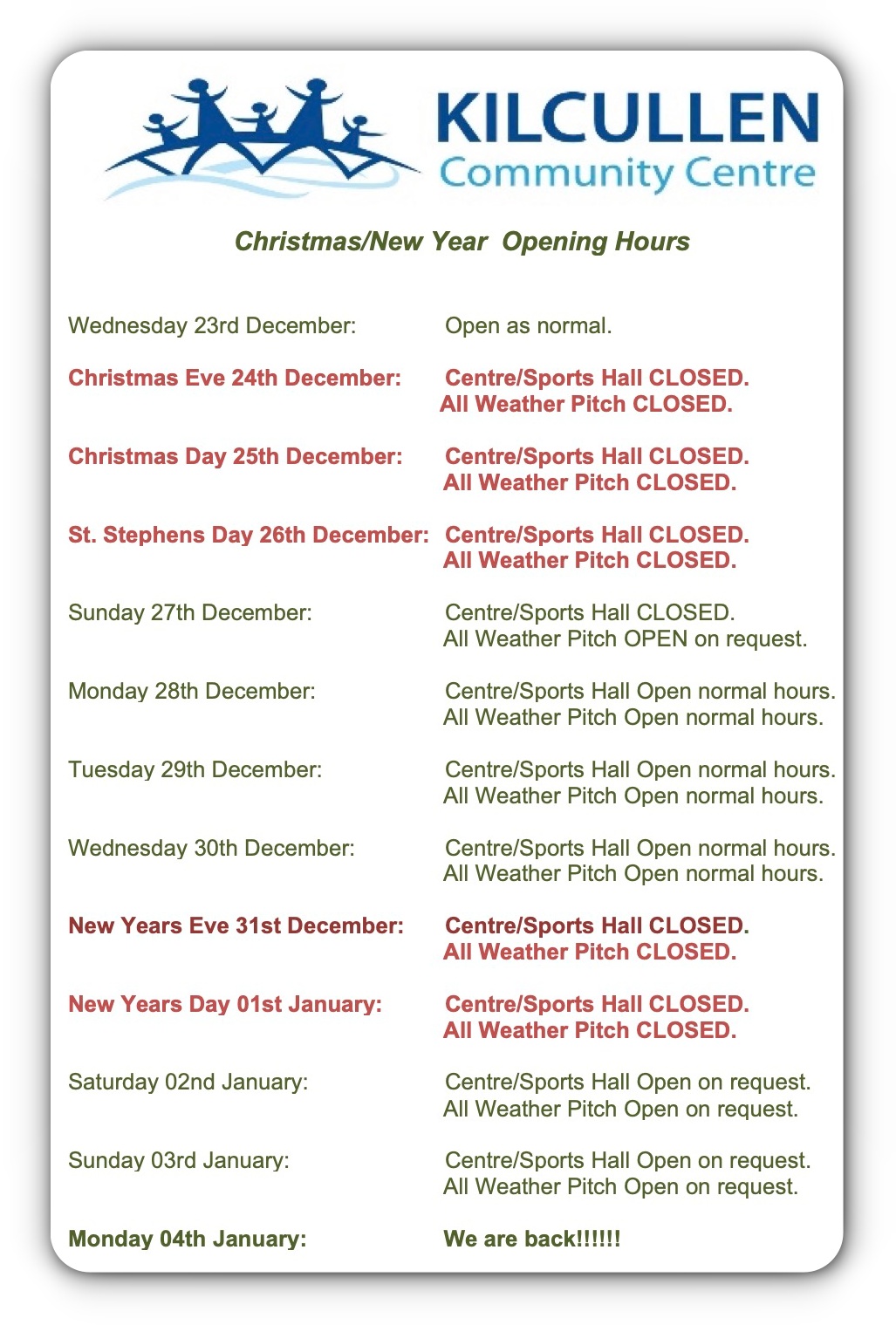 Kilcullen Diary Community Centre Christmas schedule