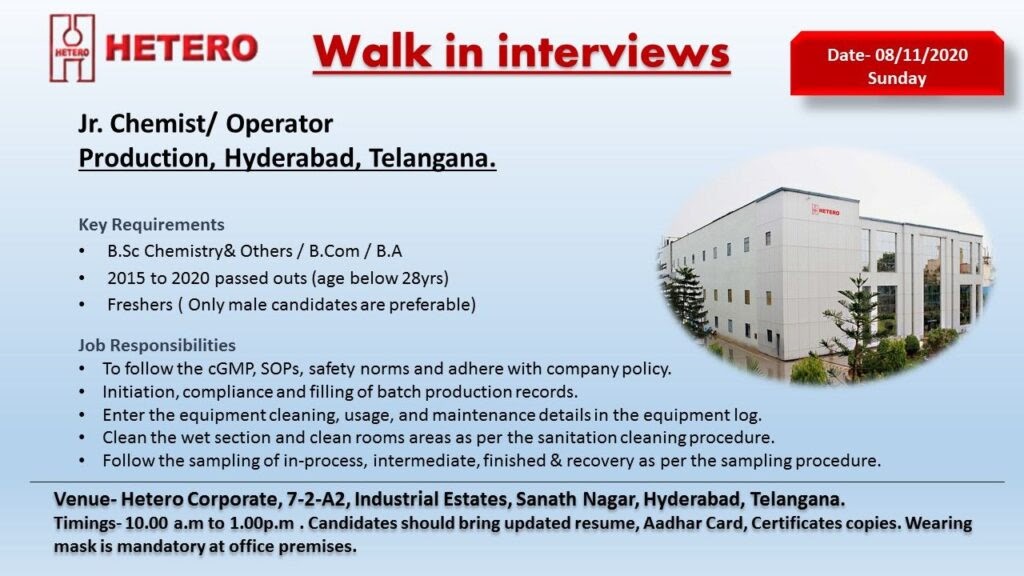 Hetero Labs WalkIn for Freshers B.Sc, B.A on 8th Nov 2020