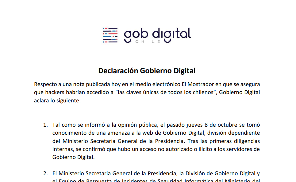 Hackeo sin presedentes a la infraestructura TI en Chile (Clave única