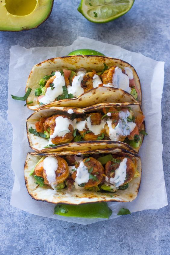 Spicy Shrimp Tacos with Avocado Salsa & Sour Cream Cilantro Sauce