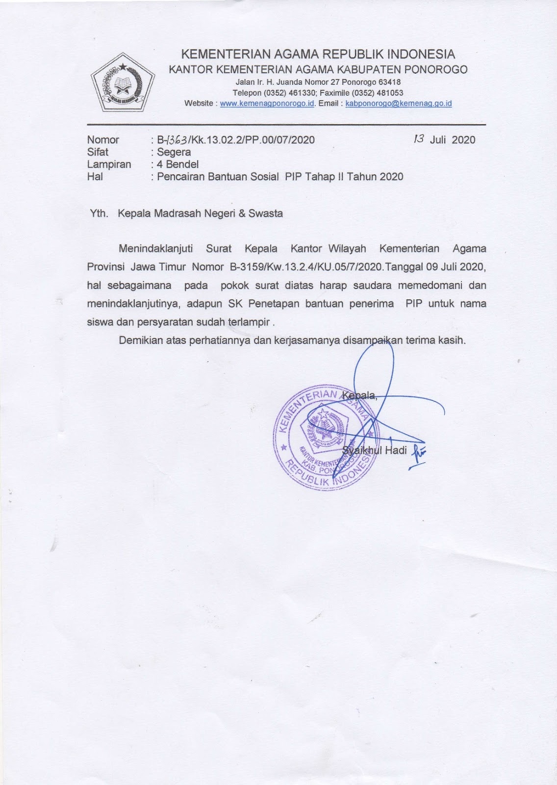 Pendma Ponorogo Pencairan Bantuan Sosial Pip Tahap Ii Tahun 2020