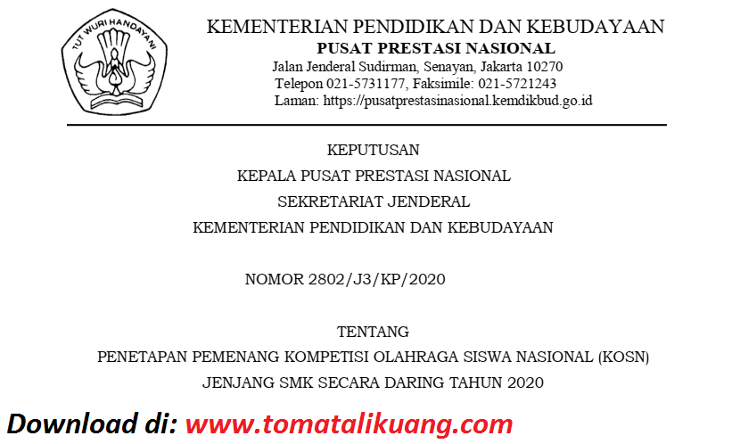 Download SK &amp; Daftar Pemenang KOSN SMK Tahun 2020 PDF