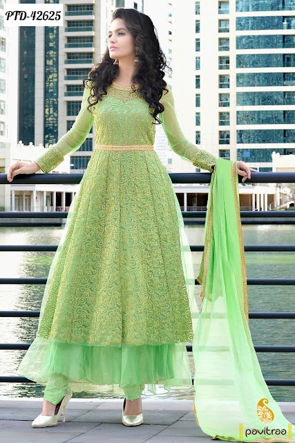 Medium Sea Green Floor Length Gown Style Anarkali Suit