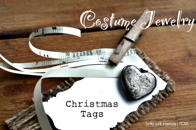 Making memorable Christmas tags out of costume jewelry, via Funky Junk Interiors featured on FOLK Magazine's blog