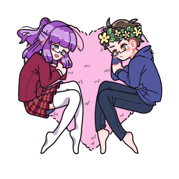 Picrew of me and my girlfriend laying on a heart shaped carpet.