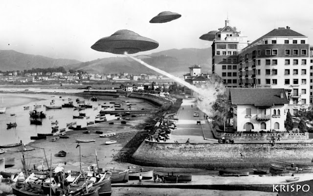 foto antigua de ovnis atacando el edificio miramar de hondarribia