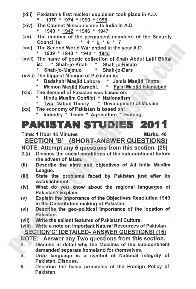 Pakistan-Studies-2011-five-year-paper-class-XII