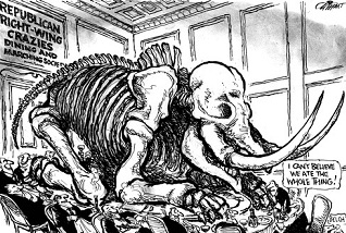 Pat Oliphant: Republican crazies eat the dinosaur pig.