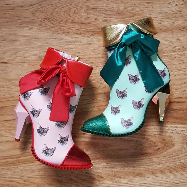 pink and red and green and gold cat ankle boots with diamond shaped heels comparison