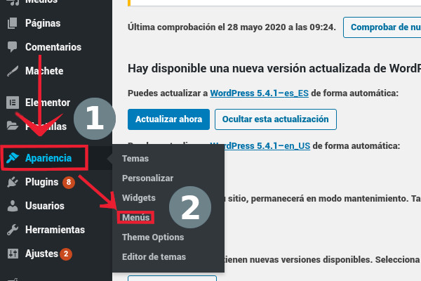 apariencia menus wordpress