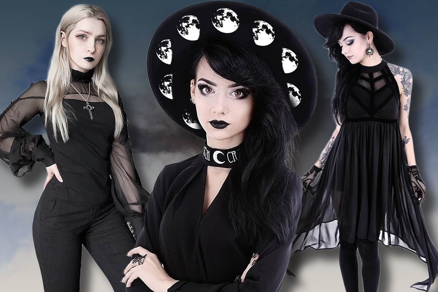 a fashion collage with a three nu goth style outfit ideas