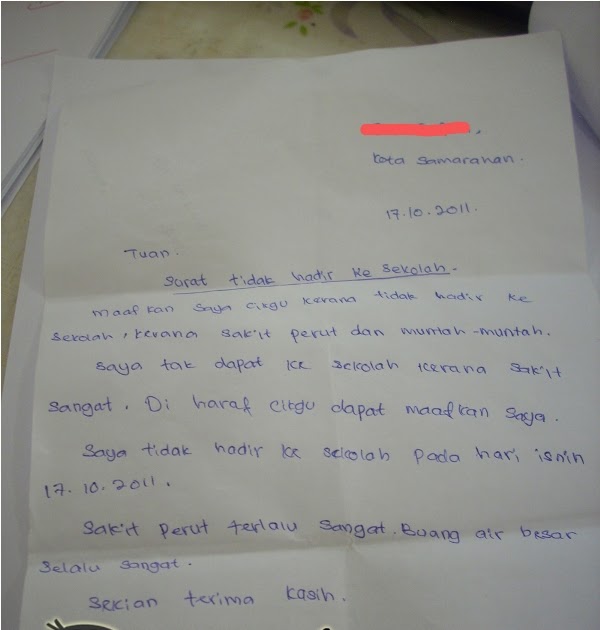 Surat Tidak Hadir Ke Sekolah  BLOG BUDAK MALAYSIA