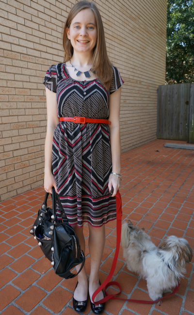 Away From Blue | Aussie Mum Style, Away From The Jeans Rut: Printed Dress, Red Belt, Balenciaga Part Time | Threadless Tee, Black Skirt, Sarah Conners Python Bag