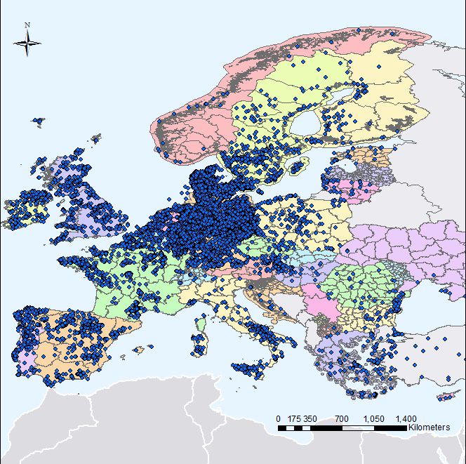 Map of wind farms locations across Europe