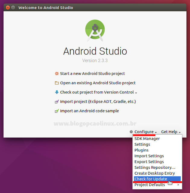 Procurar por atualizações no Android Studio