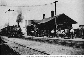 Image of depot, Perry, Oklahoma, c1894 from History of Noble County, Oklahoma (1987), pg. 88.