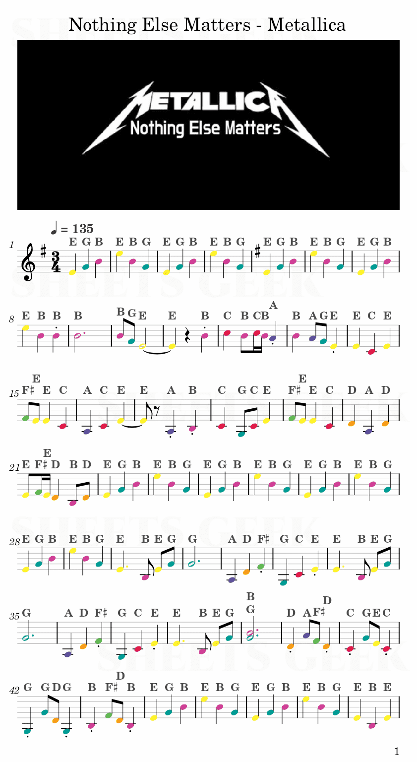 Nothing Else Matters - Metallica Easy Sheet Music Free for piano, keyboard, flute, violin, sax, cello page 1