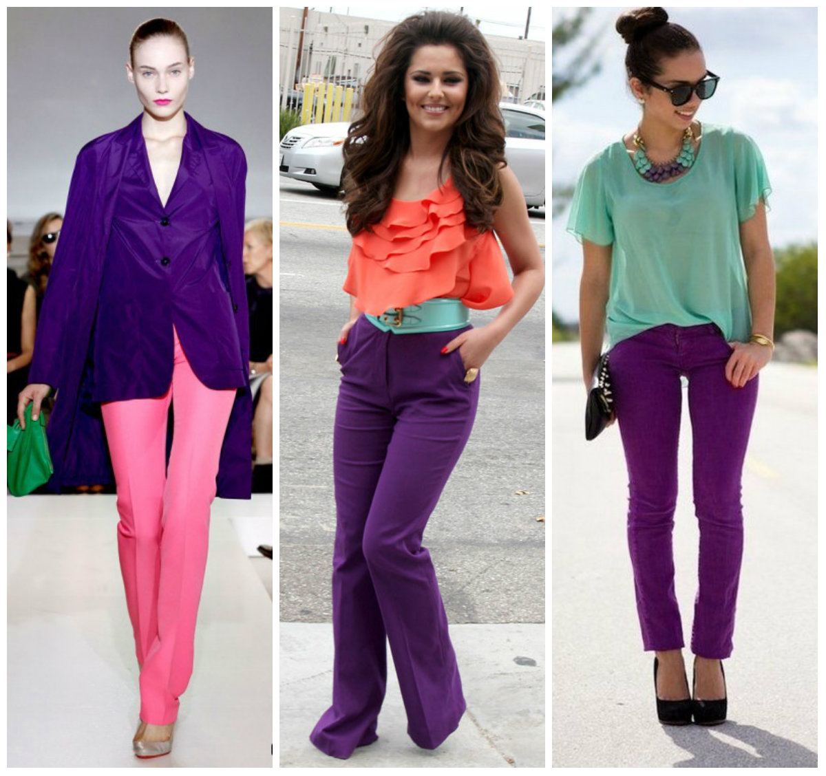 Какой цвет удлиняет. Сочетание с фиолетовым цветом в одежде. Сочения с фиолетовым цветом в одежде. Сочетание сиреневого цвета в одежде. Сочетание цветов с фиолетовым в одежде.