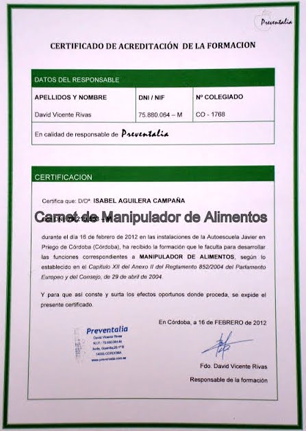Certificado de Manipulador de Alimentos