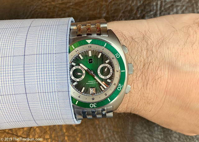 Straton Tourer Triple Calendar green wrist shot