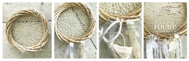 coastal style,beach style,decorating,vintage style,farmhouse style,thrifted,diy decorating,summer,re-purposing,white,fall,DIY,vintage,boho style,neutrals,boho decor,dreamcatcher, boho dreamcatcher,lace doily dreamcatcher.